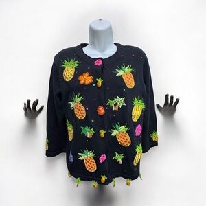 Vintage Jack B. Quick Black button down pineapple sequin  Sweater cardigan